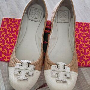 Tory Burch Carita White Natural Beach Woven Straw Leather Ballet Flats Size 8.5